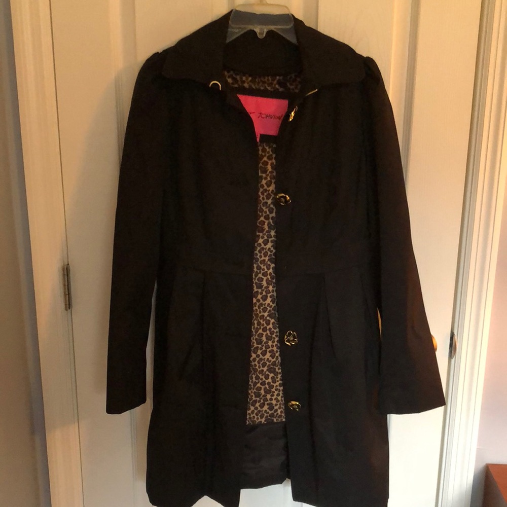 Betsey Johnson Black Trench Coat w/Detachable Hood Size Small Like New Condition